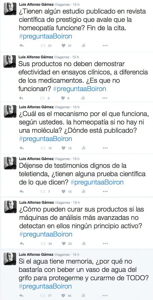 Los seis primeros tuits etiquetados #preguntaaBoiron, de arriba abajo.