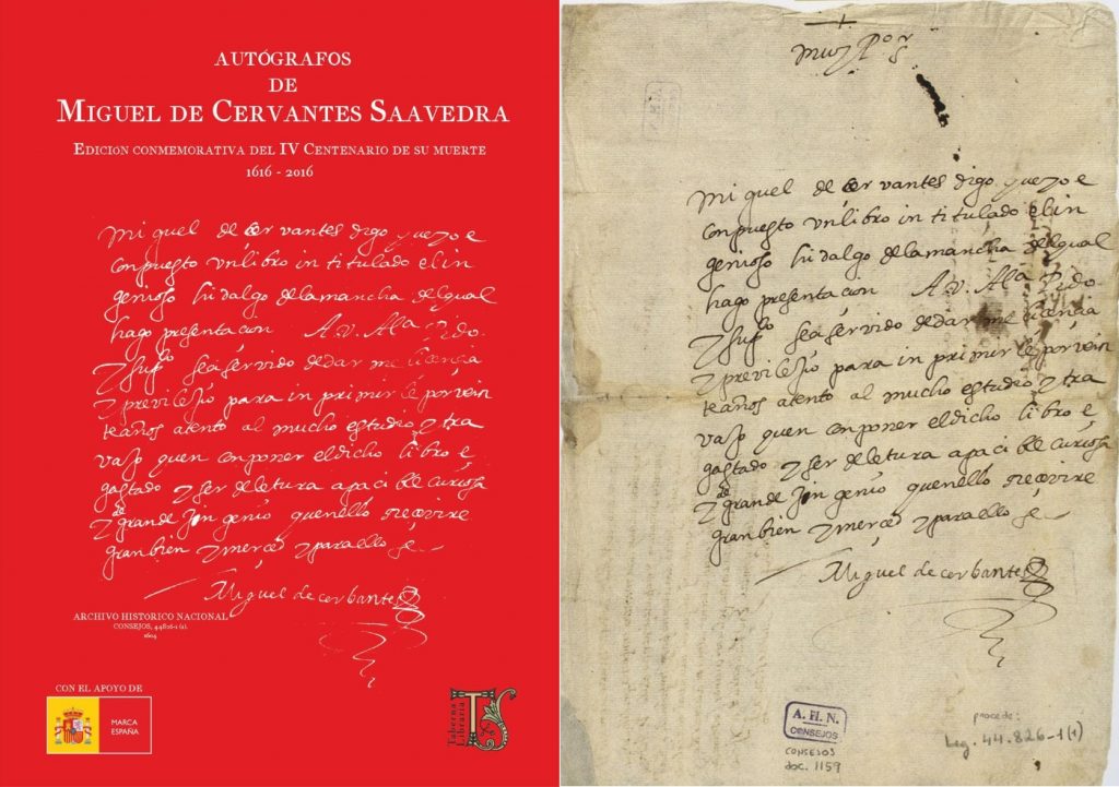 Portada de 'Autógrafos de Miguel de Cervantes Saavedra', un facsímil de Círculo Científico, y un manuscrito del autor.