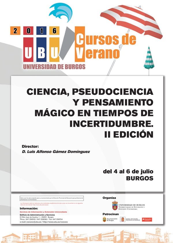 Cartel de la segunda edición del curso de verano 'Ciencia, pseudociencia y pensamiento mágico en tiempos de incertidumbre', de la Universidad de Burgos.