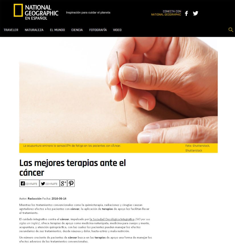 Reportaje de 'National Geographic' promocionando el uso de pseudoterapias contra el cáncer.