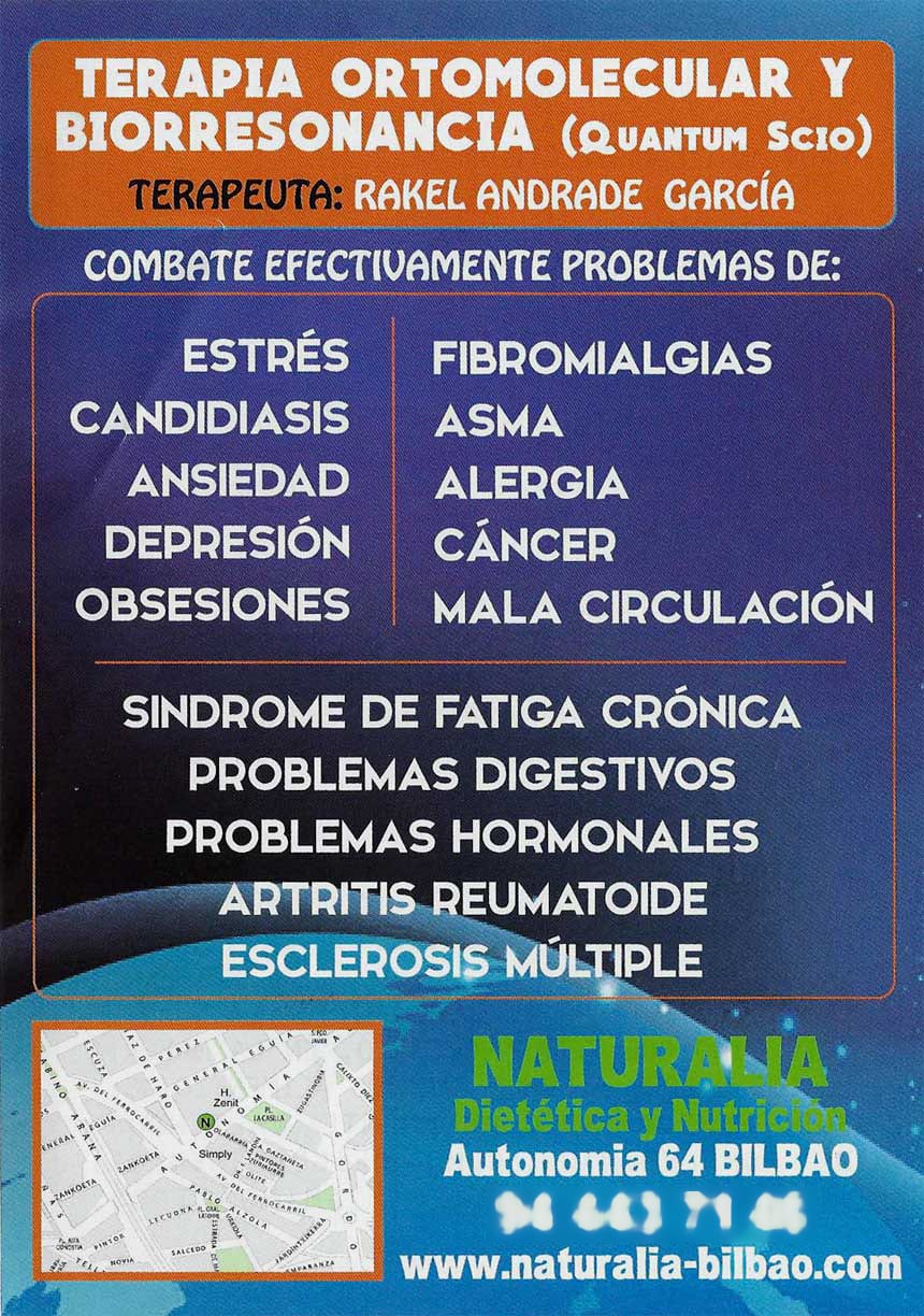 Anuncio del centro de dietética Naturalia sobre pseudoterapais contra el cáncer y otras enfermedades.