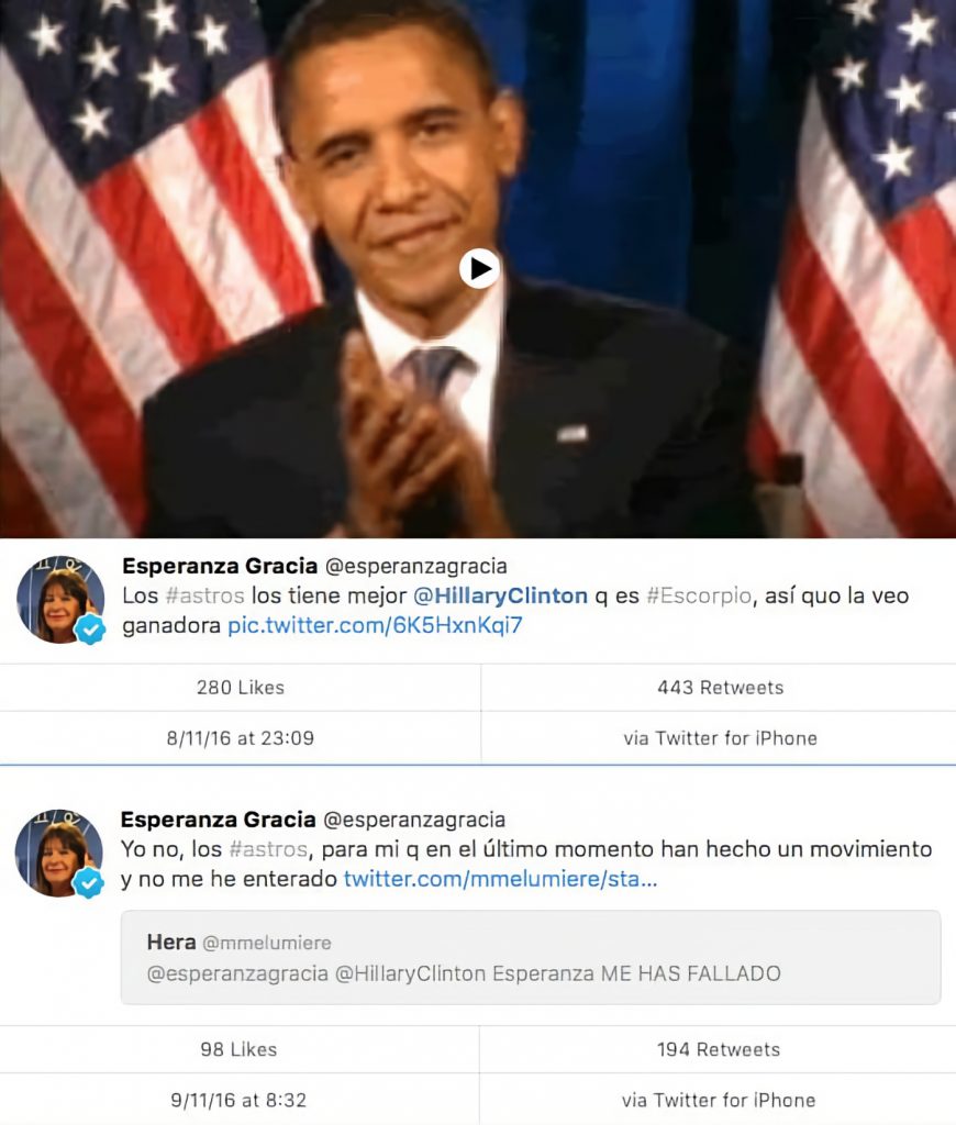 Tuits de Esperanza Gracia prediciendo la victoria de Hillary Clinton y luego echando la culpa a los astros.