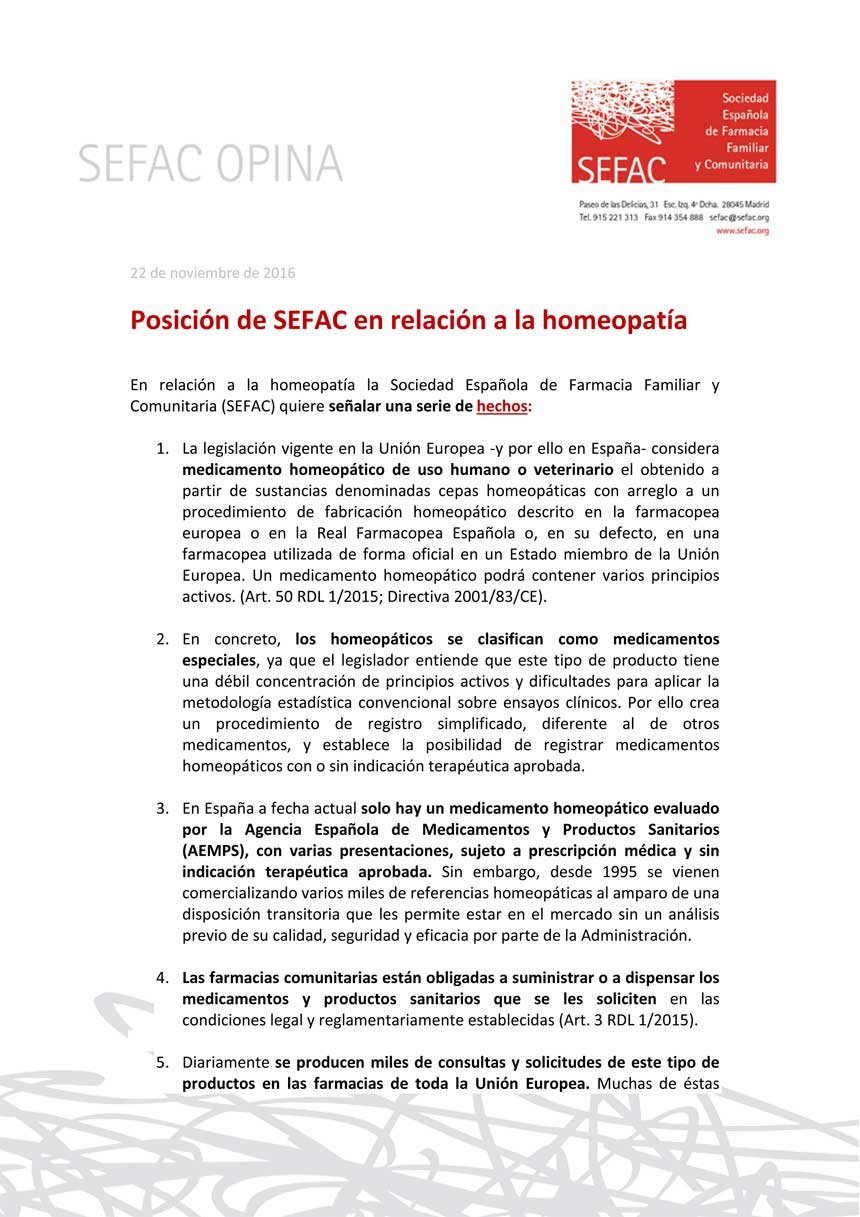 Comunicado de la Sefac sobre la homeopatía.