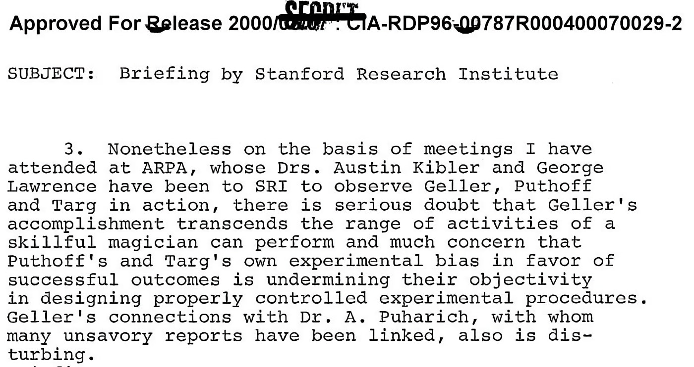 Opinión que tenían los responsables de la ARPA sobre Uri Geller y los parapsicólogos Puthoff y Targ, según un informe del SRI.