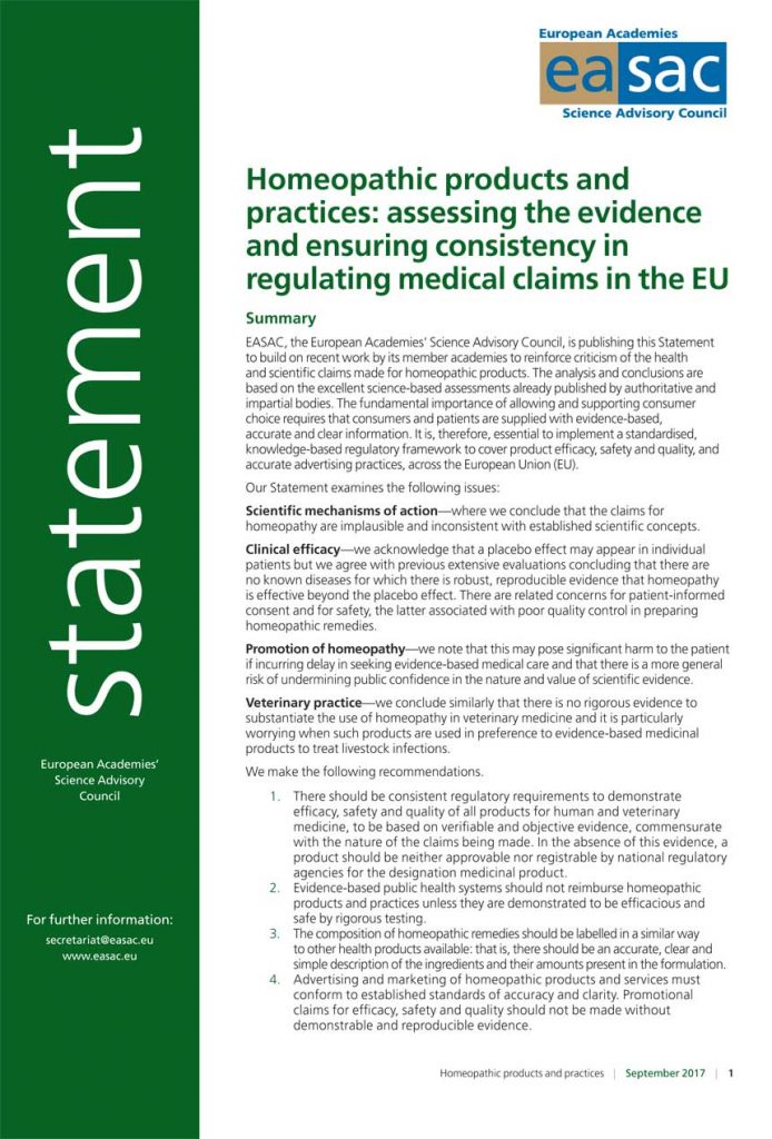 Primera página de la declaración del Consejo Asesor Científico de las Academias Europeas (EASAC) sobre la homeopatía.