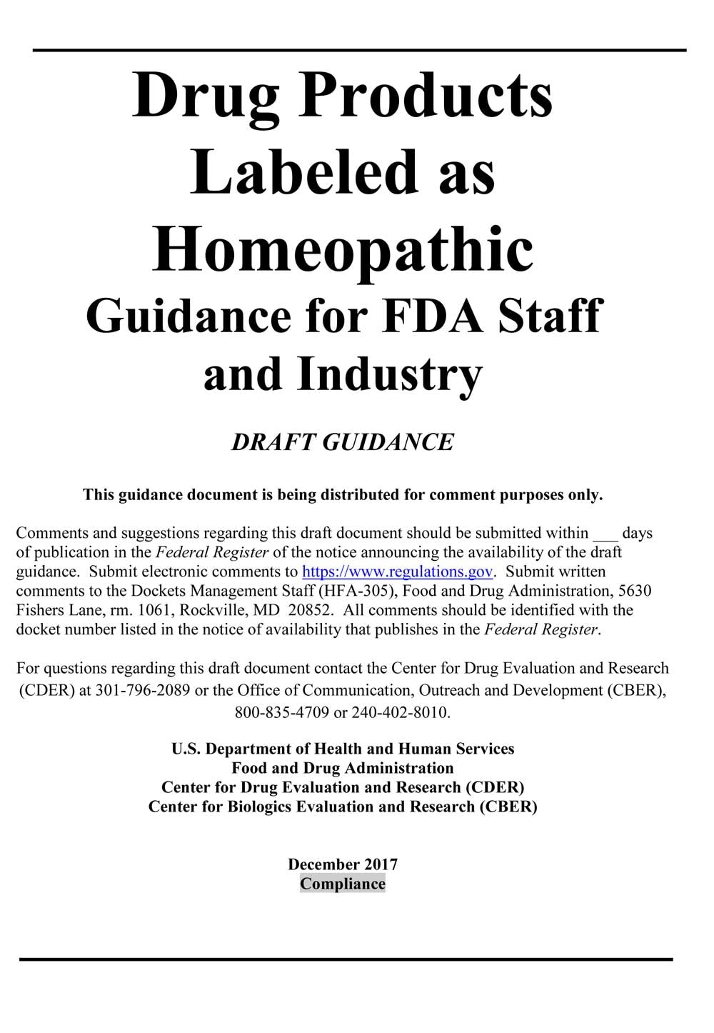 Portada del borrador de guía sobre la homeopatía de la FDA.