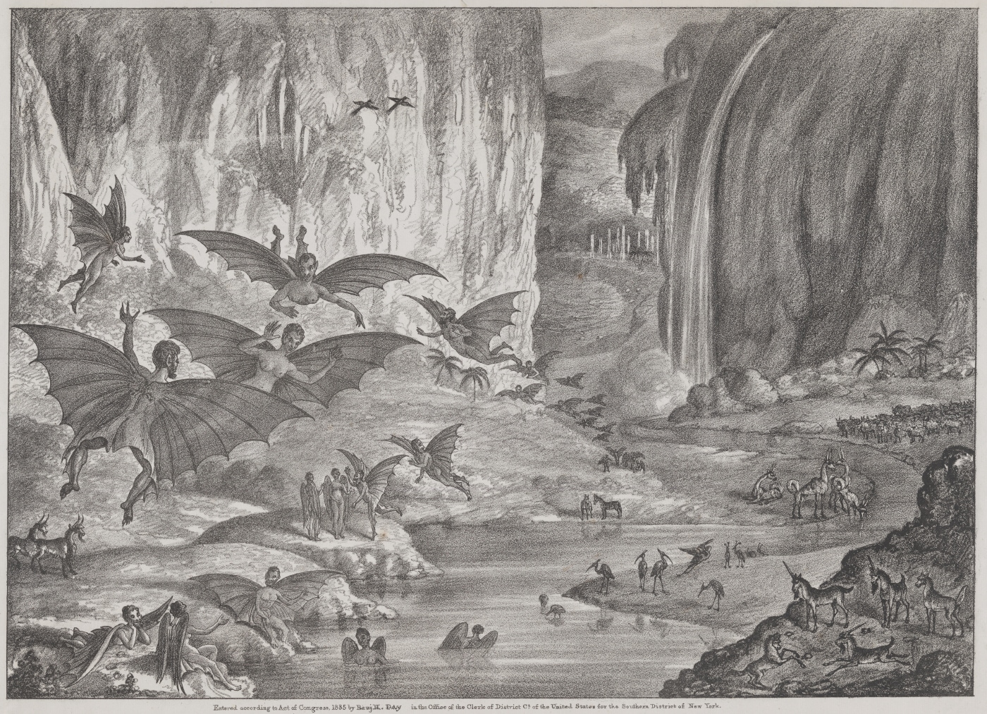 Imagen de un valle lunar -con sus cataratas, río, animales y hombres murciélago- publicada en el periódico ‘The Sun’