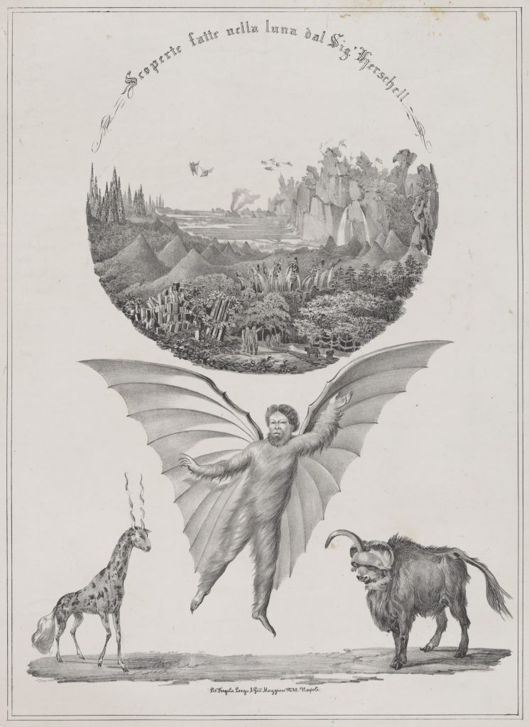 Un hombre murciélago ('Vespertilio homo'), otras dos criaturas y un paisaje lunar. Ilustración: Biblioteca del Congreso de Estados Unidos.