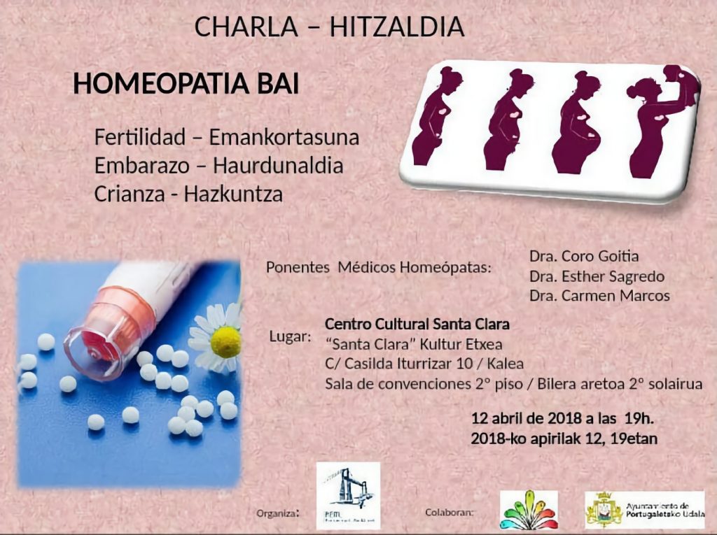 Cartel de la charla sobre homeopatía para el embarazo en la que colabora el Ayuntamiento de Portugalete.