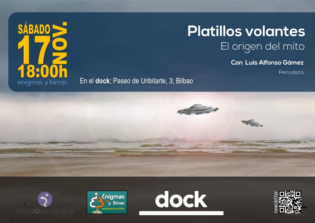 Cartel del Sexagésimo octavo 'Enigmas y birras', dedicado al origen del mito de los platillos volantes.