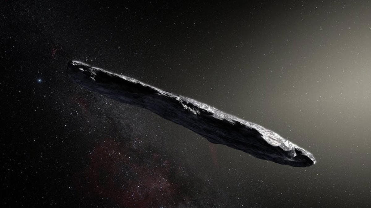 Recreación artística de 'Oumuamua, el pimer asteroide interestelar detectado. Imagen: ESO / M. Kommesser.