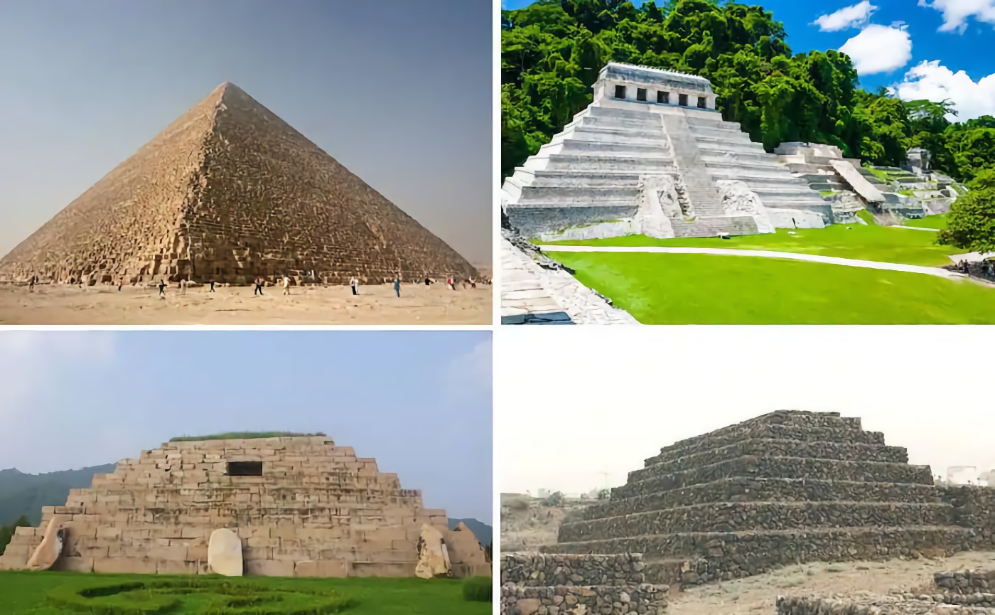 De izquierda a derecha y de arriba abajo, la Gran Pirámide (Egipto), el Templo de las Inscripciones de Palenque (México), la Tumba del General (China) y una de las pirámides de Güímar (Tenerife, España). Fotos: Nina-no / Jan Harenburg / Bart0278 / Pedro Ximénez. 