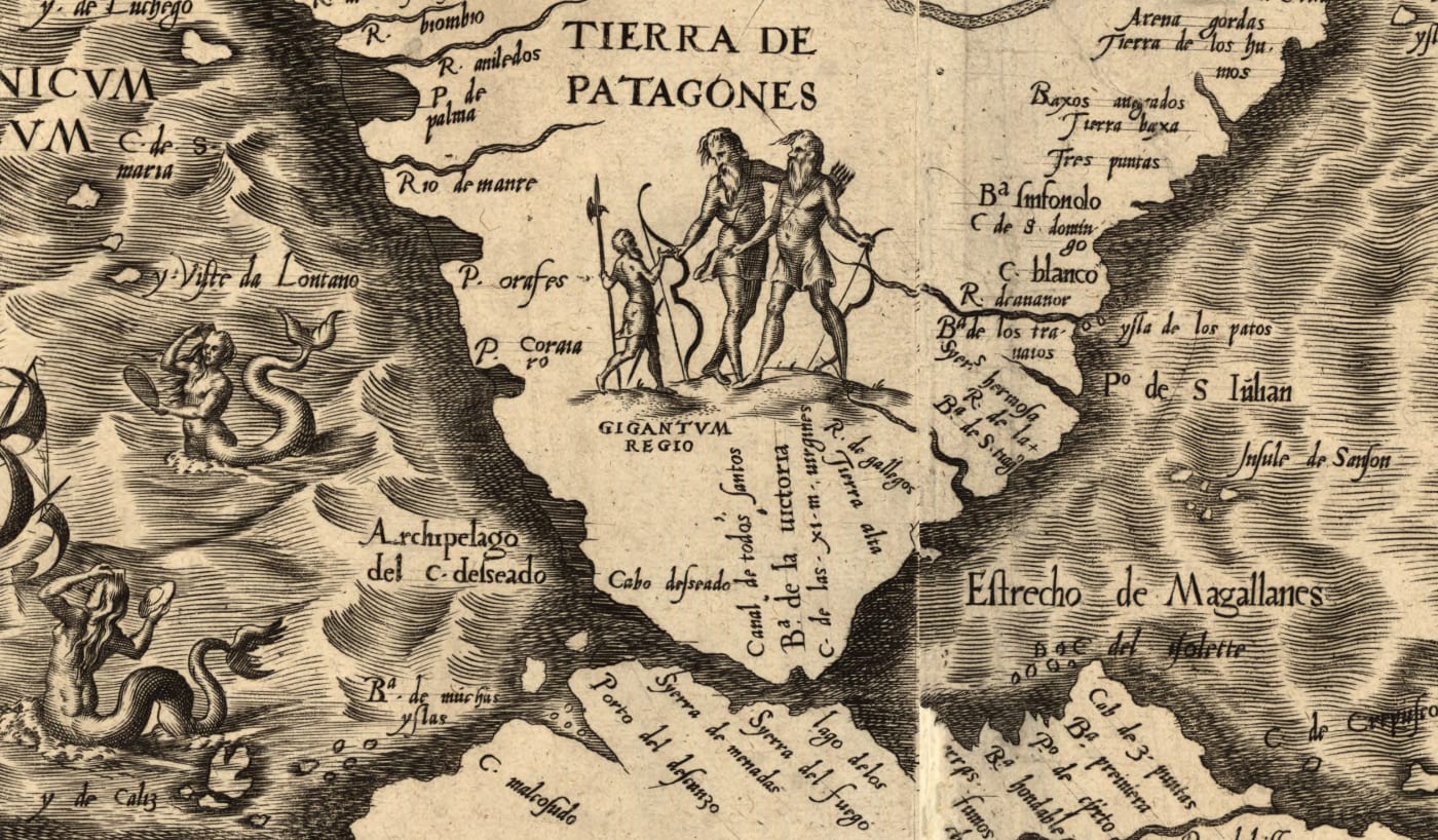 Mapa de 1562 del cosmógrafo español Diego Gutiérrez, con dos gigantes en la Patagonia. Biblioteca del Congreso de Estados Unidos.