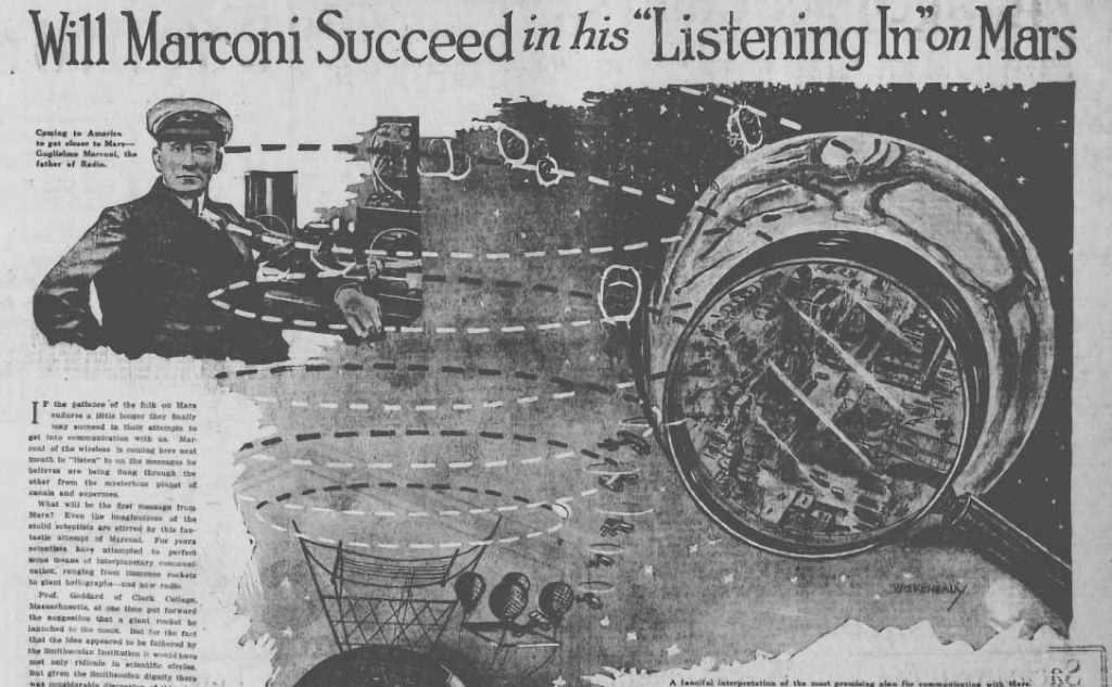 Recorte de prensa que se pregunta si Marconi conseguirá comunicar con los marcianos.