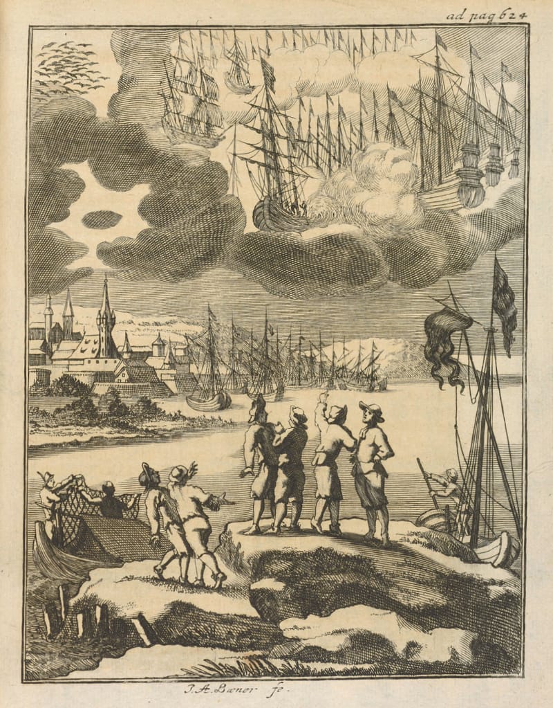 Visión de una batalla naval en el aire cerca de Stralsund en 1665. Obra de Erasmus Francisci.