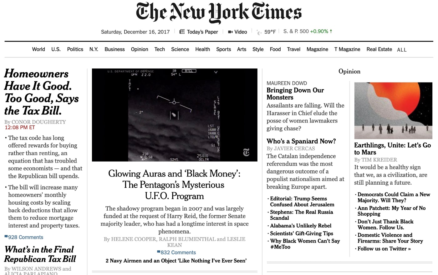 El reportaje del 16 de diciembre de 2017sobre el nuevo programa de investi-gación ovni del Pentágono fue la noticia principal en la web de 'The New York Times'.