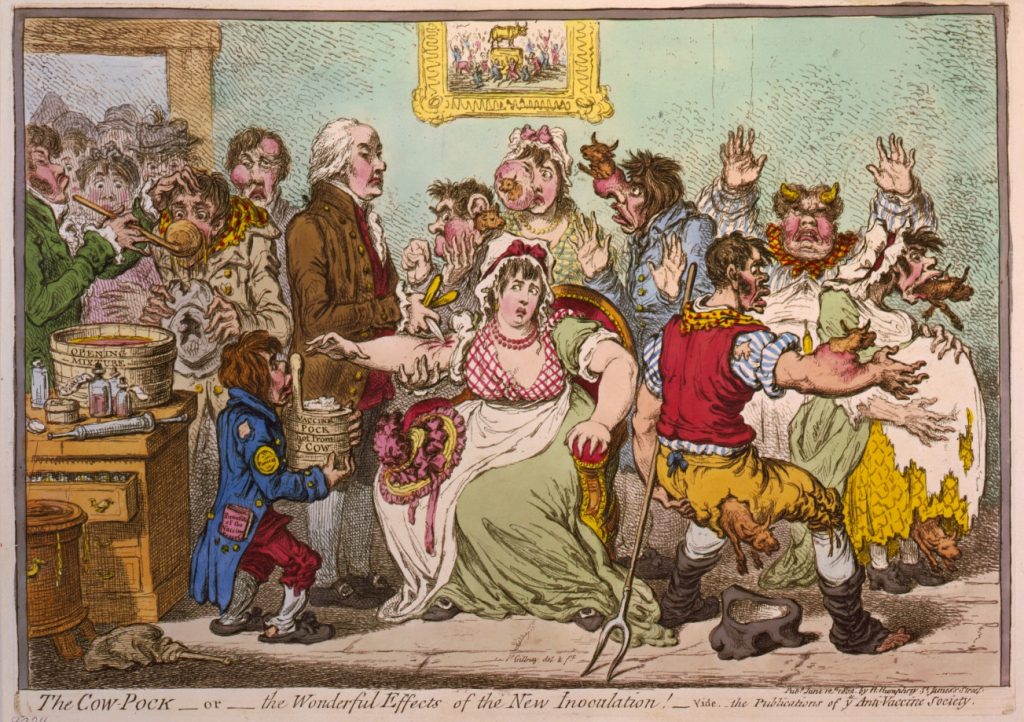 Caricatura de James Gillray sobre los efectos secundarios de la vacuna contra la viruela de los que alertaban los antivacunas a principios del siglo XIX. Image: Biblioteca del Congreso de Estados Unidos.