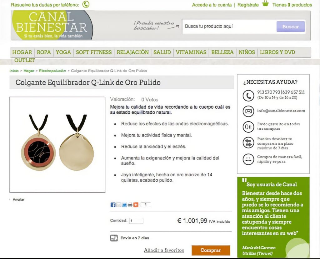 Colgante cuántico que se vende en la web de 'Canal Bienestar' por 1.001,99 euros.