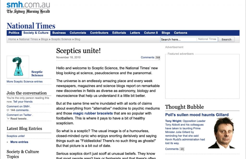 Primera anotación de 'Sceptic Science', el blog de Brad Newsome.