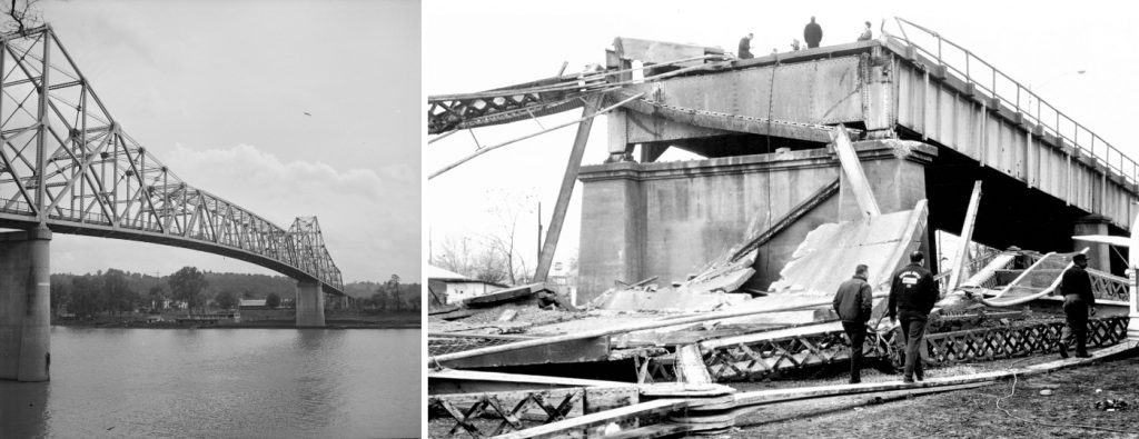 El Silver Bridge de Point Pleasant en 1934, y técnicos inspeccionan sus restos tras su derrumbe el 15 de diciembre de 1967. Foto: Arthur S. Siegel / Departamento de Transportes de Estados Unidos.