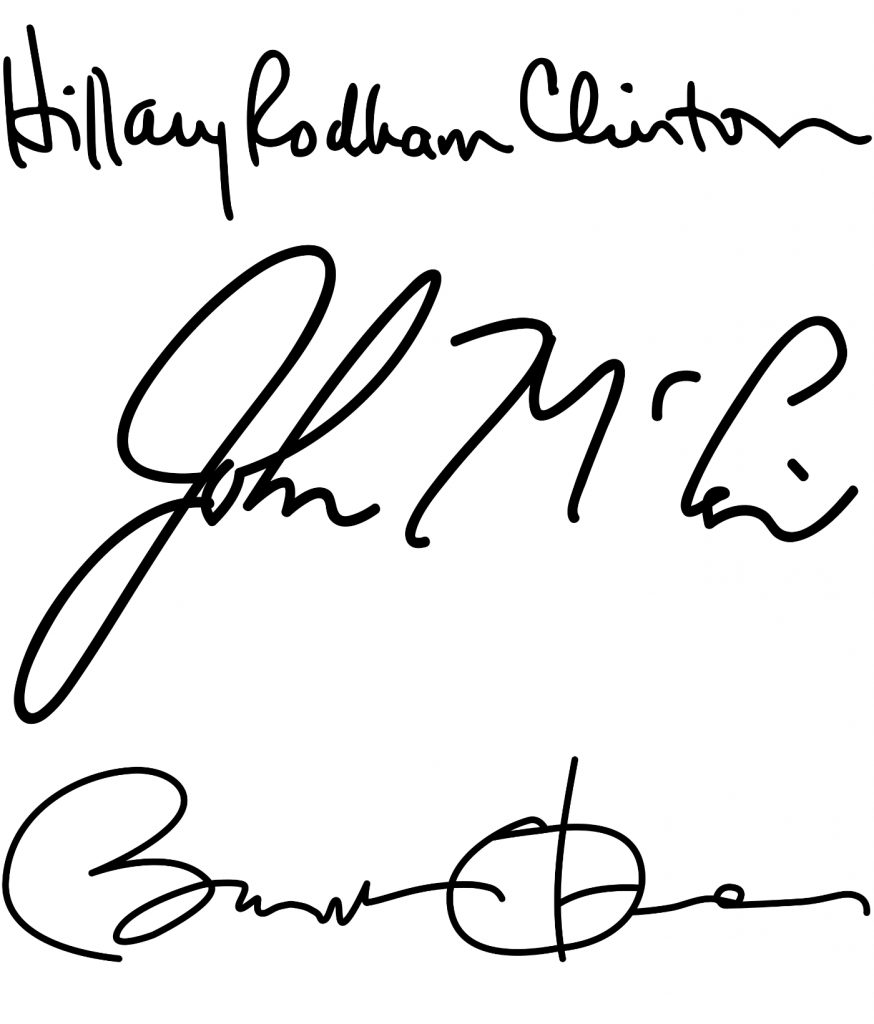 Firmas de Hillary Clinton, John McCain y Barack Obama.