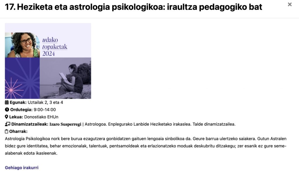 Anuncio del curso "Educación y astrología psicológica: una revolución pedagógica", que dará Izaro Susperregi en la Universidad del país Vasco.