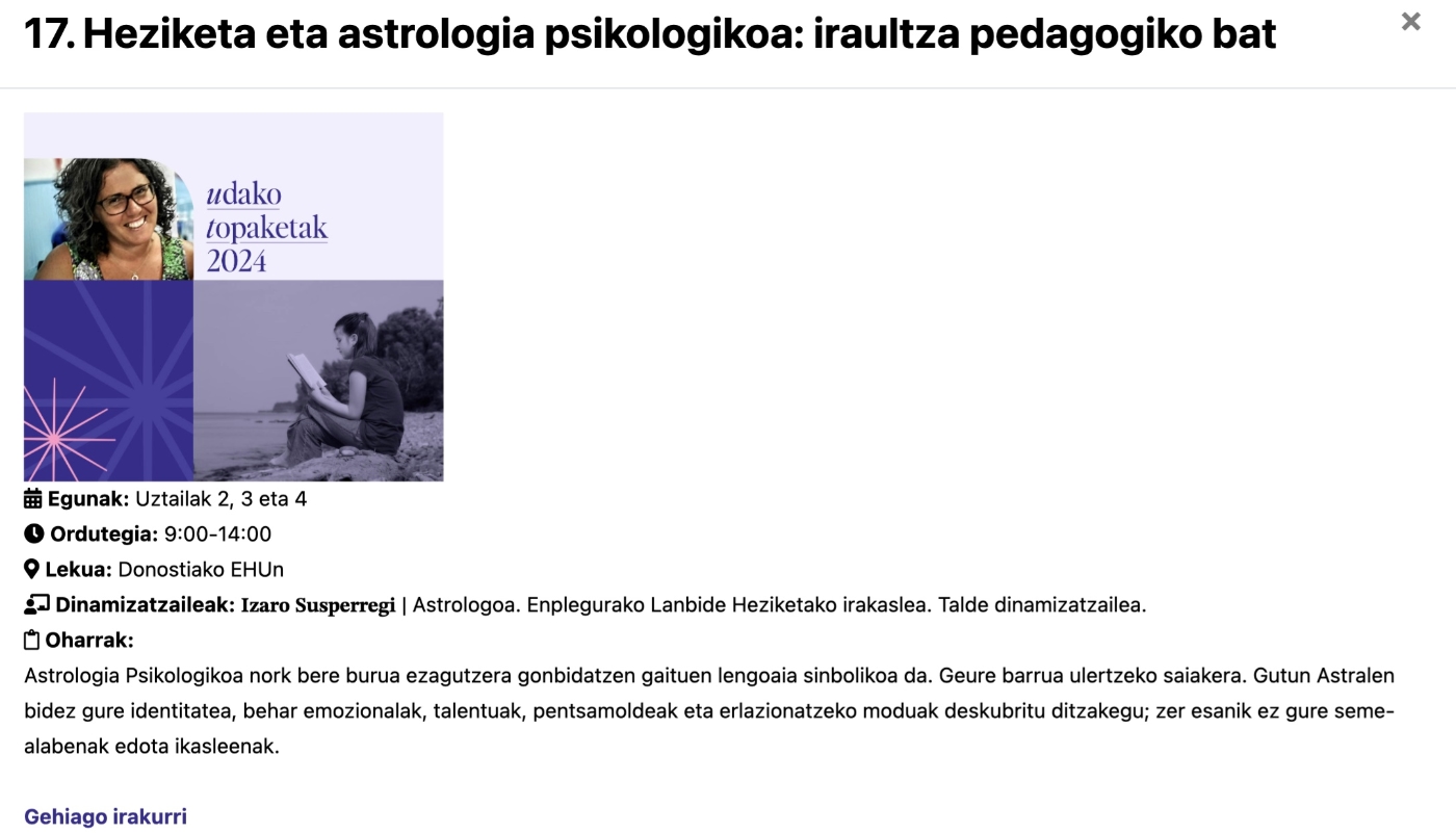 La Universidad del País Vasco acogerá en julio un curso de astrología para educadores