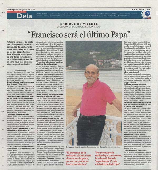 Entrevista a Enrique de Vicente en la última página del diario 'Deia'.