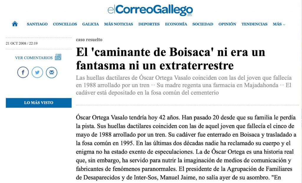 La información sobre la identificación del 'Caminante de Boisaca' publicada en 'El Correo Gallego'.