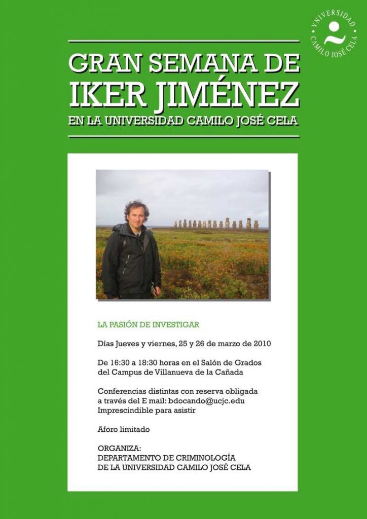 Cartel de las conferencias de Iker Jiménez en la Universidad Camilo José Cela (UCJL).