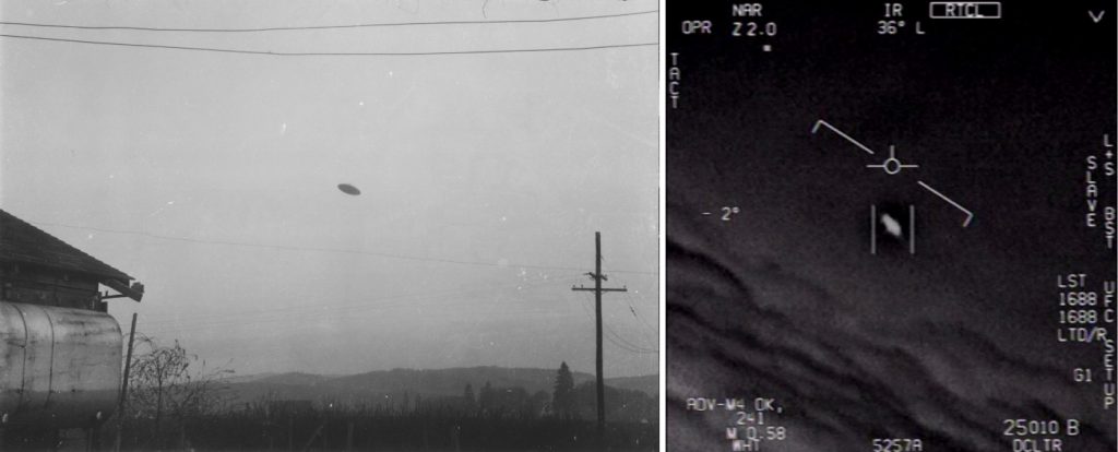 Imagen de un platillo volante en McMinnville (Oregón) en 1950 y objeto grabado por un caza estadounidense en la costa de Florida en 2015. Fotos: Paul Trent y Departamento de Defensa de Estados Unidos.