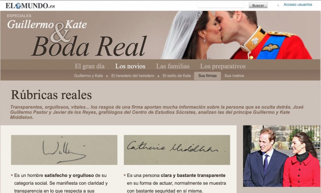 Apartado grafológico del 'especial' del diario 'El Mundo' dedicado a la boda real inglesa.