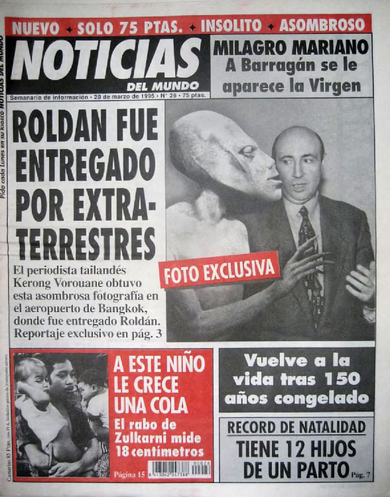 Portada del semanario humorístico 'Noticias del mundo' con la 'información' de que a Luis Roldán lo entregaron a los extraterrestres..