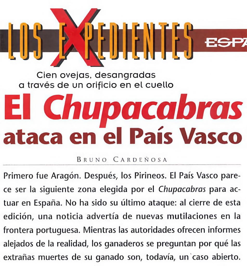 Arranque del reportaje de Bruno Cardeñosa, en la revista 'Año cero' en 1996, en el que atribuye las muertes de ovejas en Vizcaya a ataques del chupacabras.