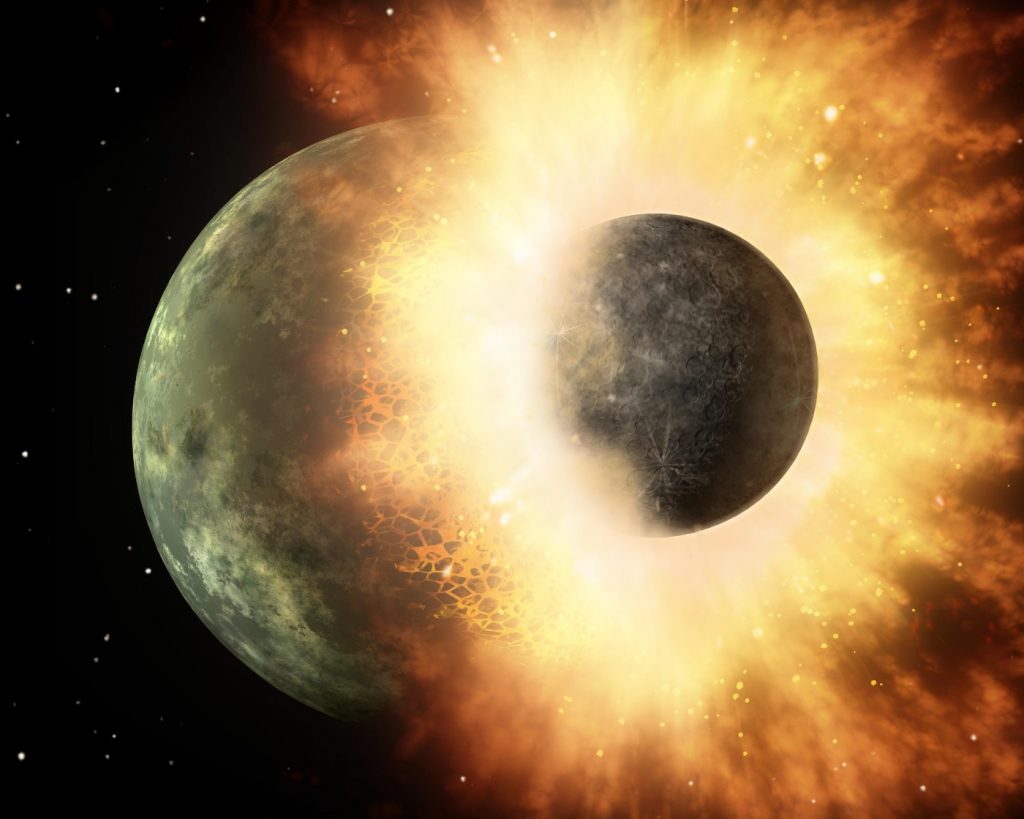 Recreación del choque de un objeto del tamaño de la Luna contra un planeta del tamaño de Mercurio. Ilustración: NASA/JPL-Caltech.