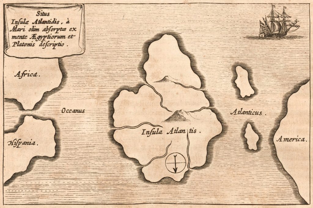 Mapa con la Atlántida publicado por el jesuíta Athanasius Kircher en su obra 'Mundus subterraneus' (1664).