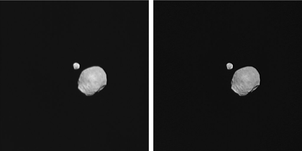 Primera imagen de Fobos y Deimos juntos, tomada por la sonda europea 'Mars Express', sin procesar (izquierda) y procesada (derecha). Foto: ESA.