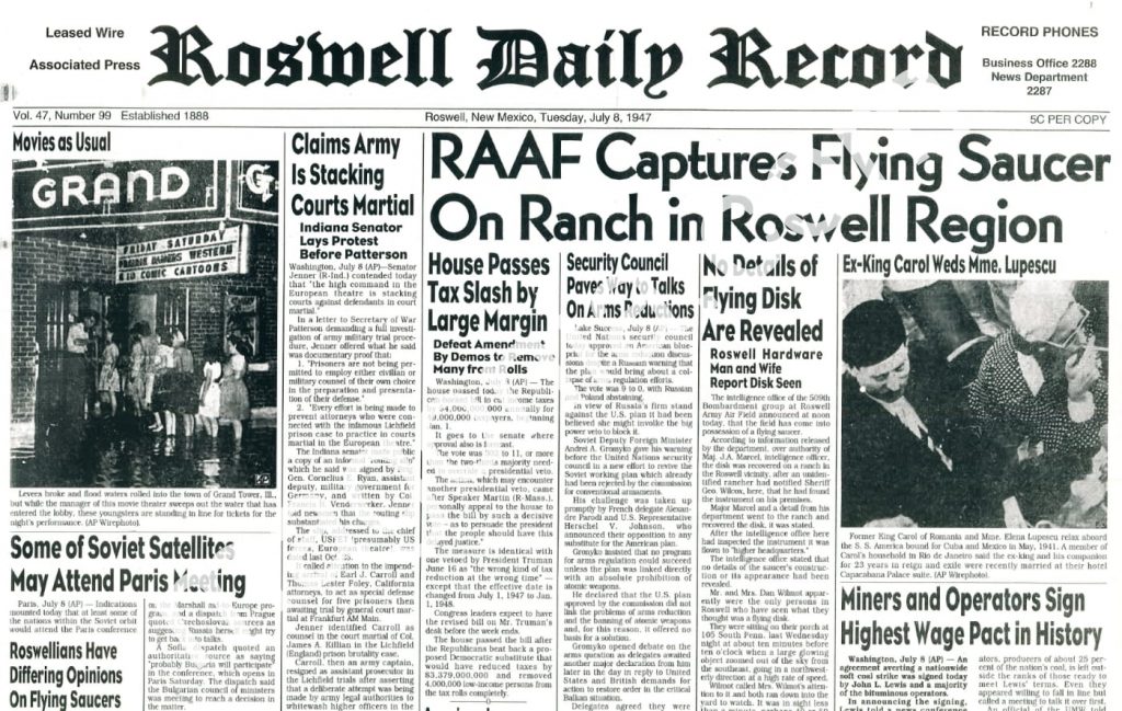 Primera página del 'Roswell Daily Record' del 8 de julio de 1947, con la noticia del platillo volante estrellado.