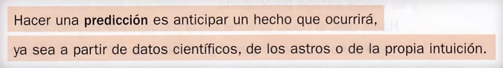 Definición de 'predicción' en un libro de texto de Lengua para niños de 9 y 10 años.