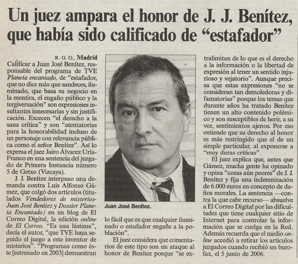 Información de 'El País' sobre la sentencia que condena a Luis Alfonso Gámez por calificar de "estafador" a Juan José Benítez.