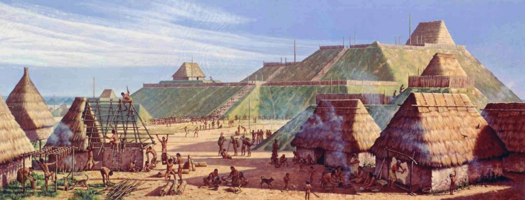 La ciudad de Cahokia (Illinois), tal y como pudo ser hacia 1150. Pintura de Michael Hampshire para el Sitio Histórico Estatal de los Montículos de Cahokia.