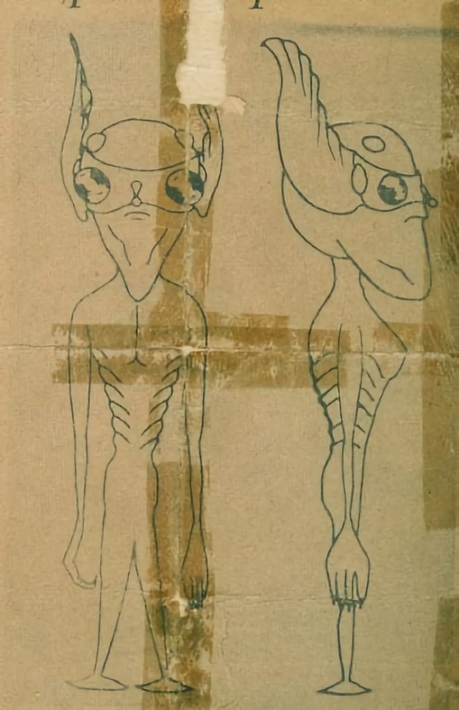 Boceto de la apariencia de los intrusos hecho por Gary F. Hodson, de la 101ª División Aerotransportada, con base en Fuerte Campbell.