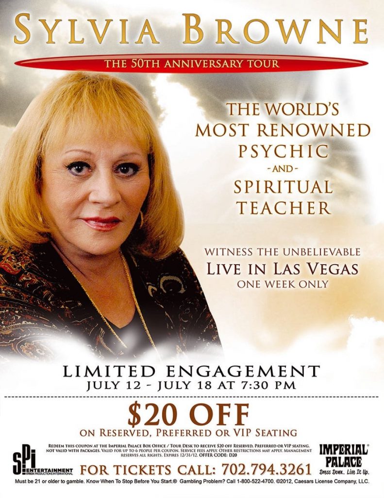 Cartel de unas actuaciones de Sylvia Browne en Las Vegas.