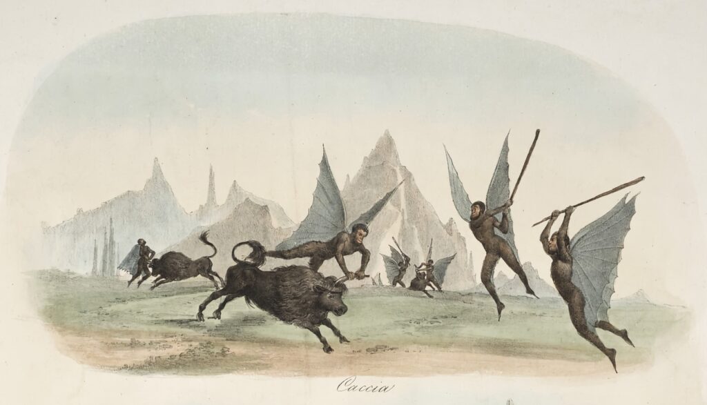 Los hombres murciélago de la Luna, de caza. Litografía de Leopoldo Galluzzo para el libro que en Italia reunió en 1836 los artículos de Richard Adams Locke. Imagen: Bibliotecas del Instituto Smithsoniano.