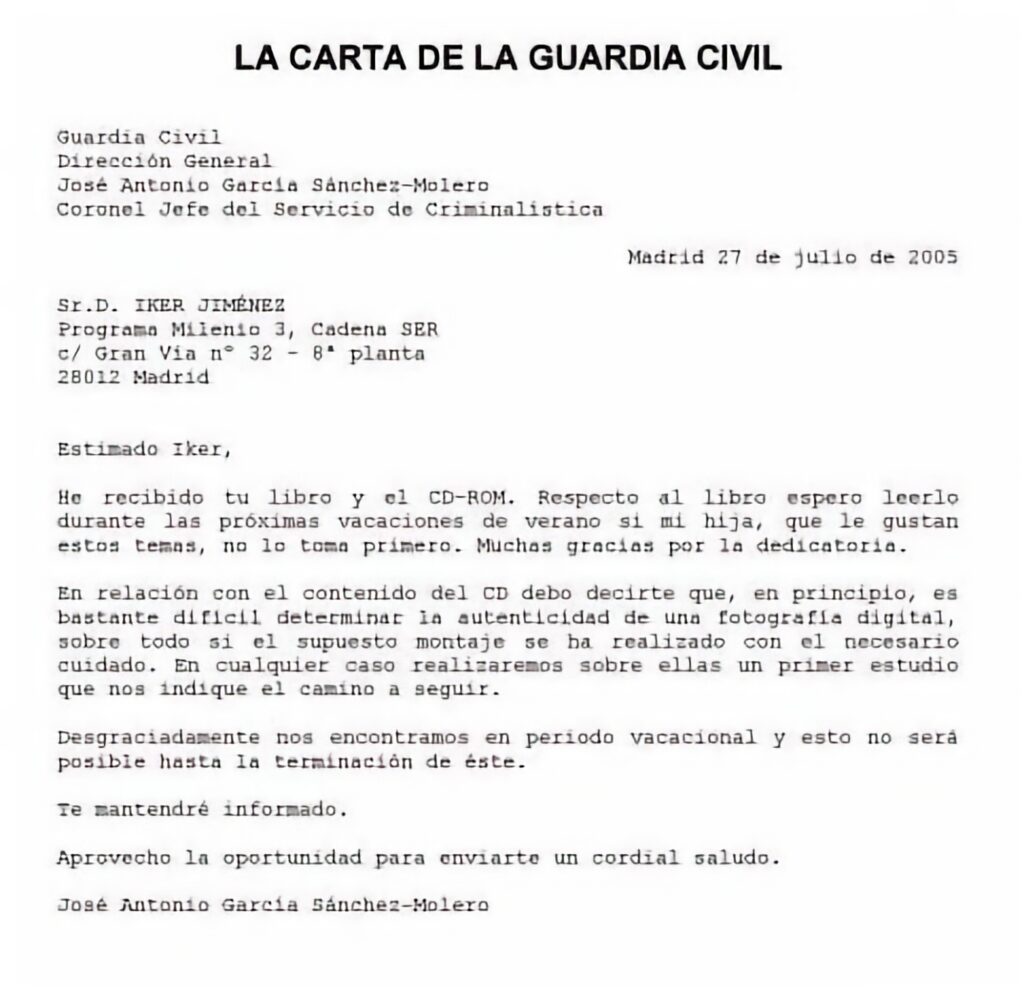 Texto de la carta de la Guardia Civil que Jiménez presentó en Cuatro como prueba de un análisis que, en realidad, no existió.