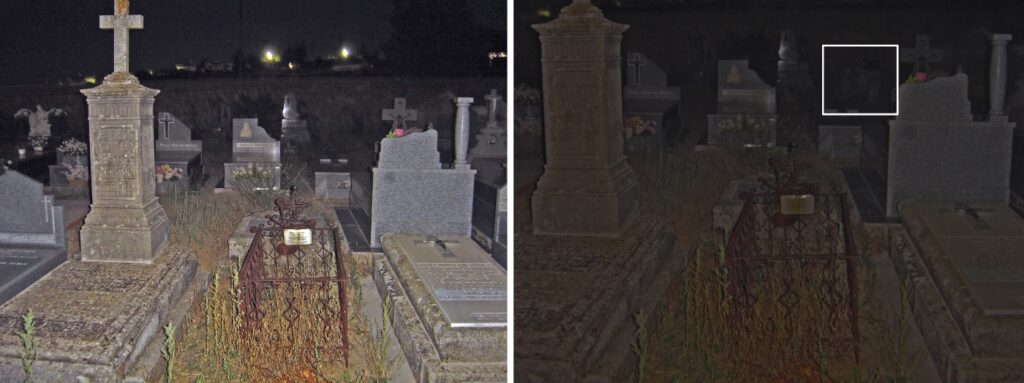 La foto original del cementerio sin fantasmas y la foto recortada, oscurecida y con los fantasmas pegados. Recuadrado en blanco, el lugar donde 'están' las fantasmas.