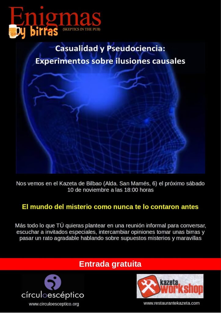 Cartel del decimoséptimo 'Enigmas y birras' de Bilbao, dedicado a casualidad y pseudociencia.