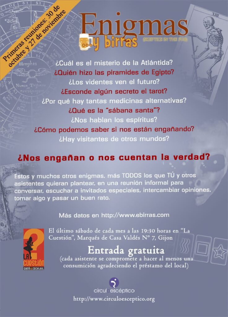 Cartel del primer 'Enigmas y birras' de Gijón, protagonizado por Mauricio-José Schwarz.