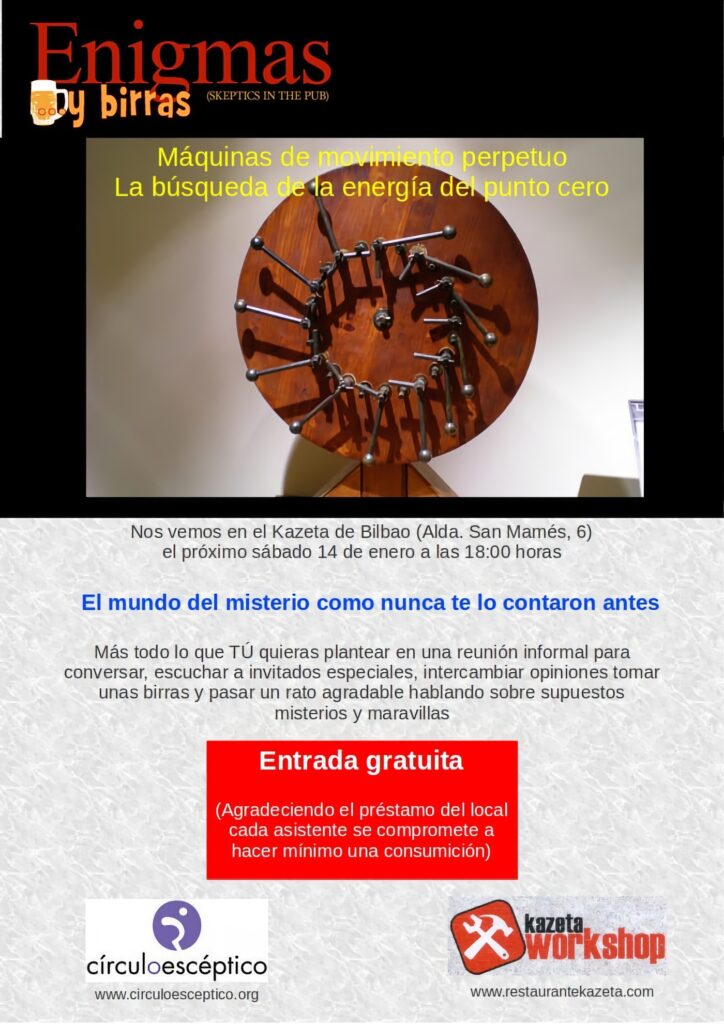 Cartel del octavo 'Enigmas y birras', dedicado a las máquinas de movimiento perpetuo.