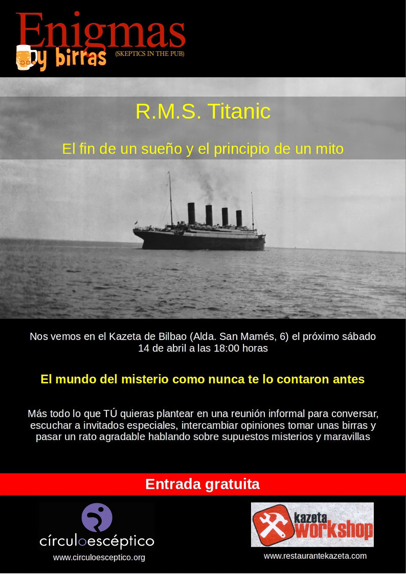 Los misterios del ‘Titanic’, en el undécimo ‘Enigmas y birras’ de Bilbao